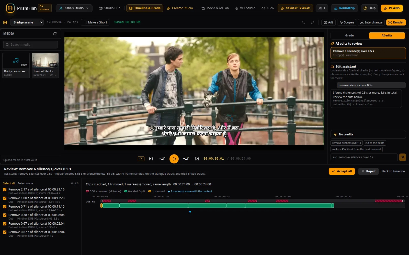 AI edit proposal shown as a before and after diff of the timeline