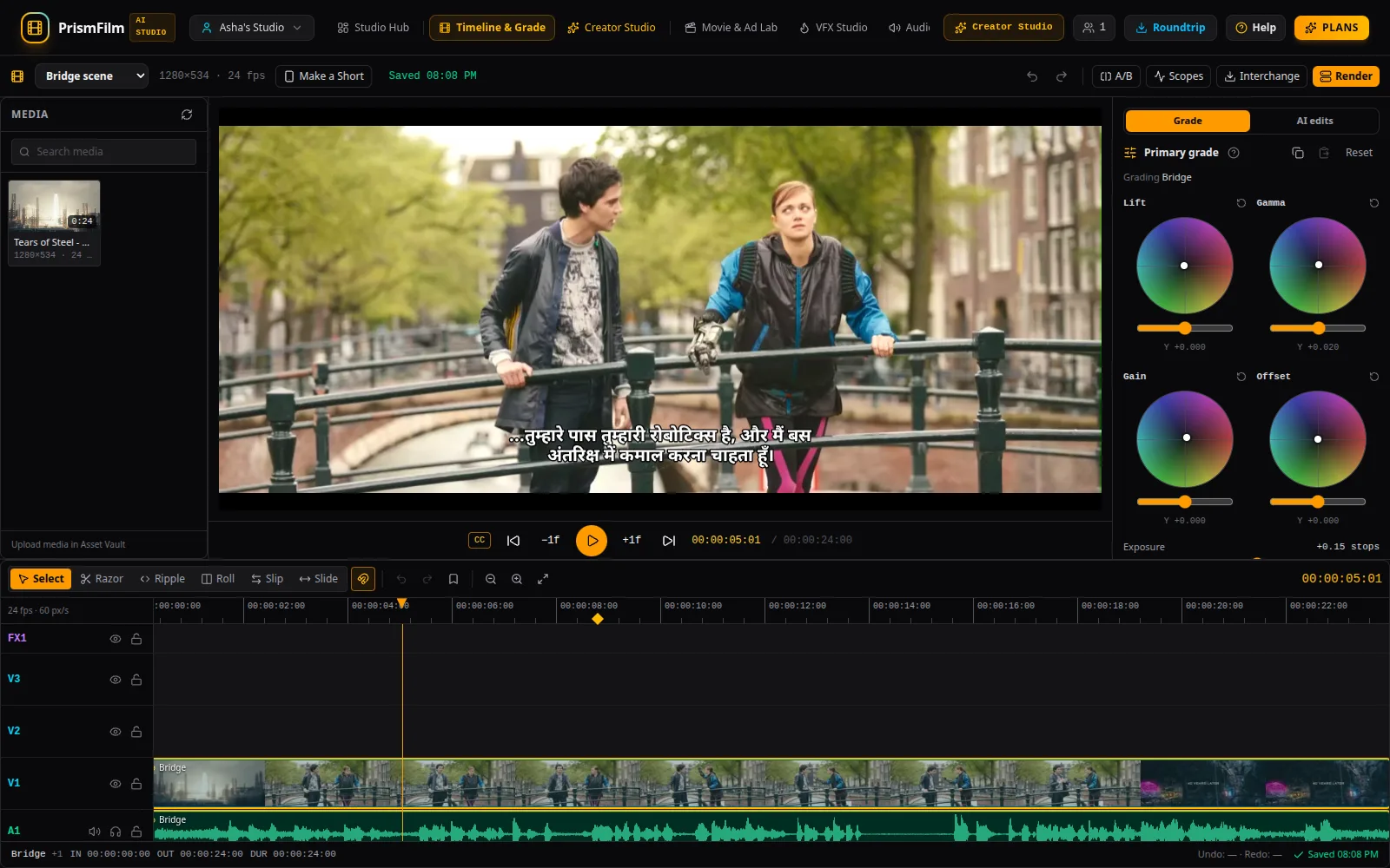 PrismFilm AI Studio editor with a timeline, colour grading and Hindi captions